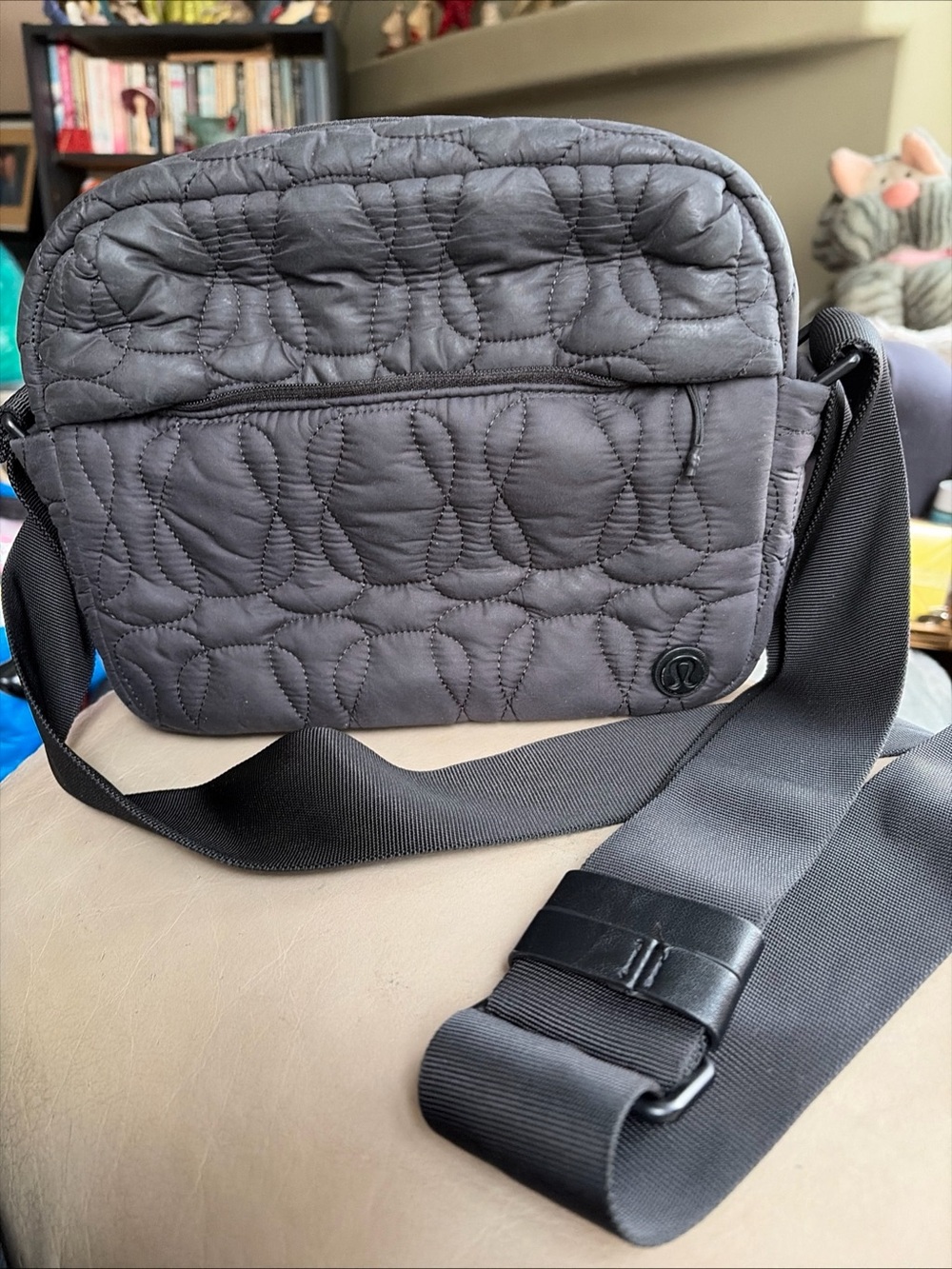 Lululemon Quilted Embrace Charcoal Grey Crossbody Bag 7.5”x10”.  Exc. Condition